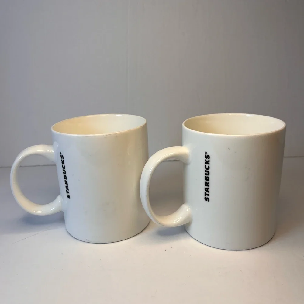 Starbucks‎ Coffee Mugs 12oz 2015 White Gold Graffiti Lettering SET OF 2 Giftable